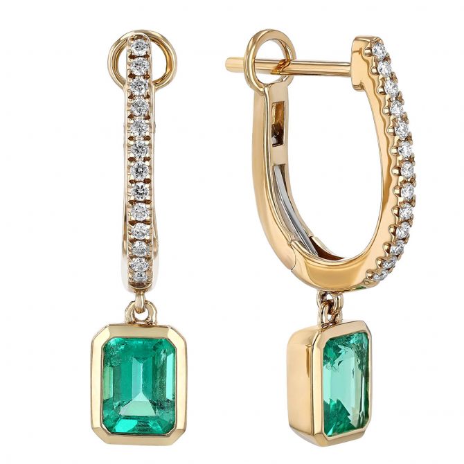 Emerald Cut Emerald & Diamond Bezel Set Drop Earrings in Yellow Gold