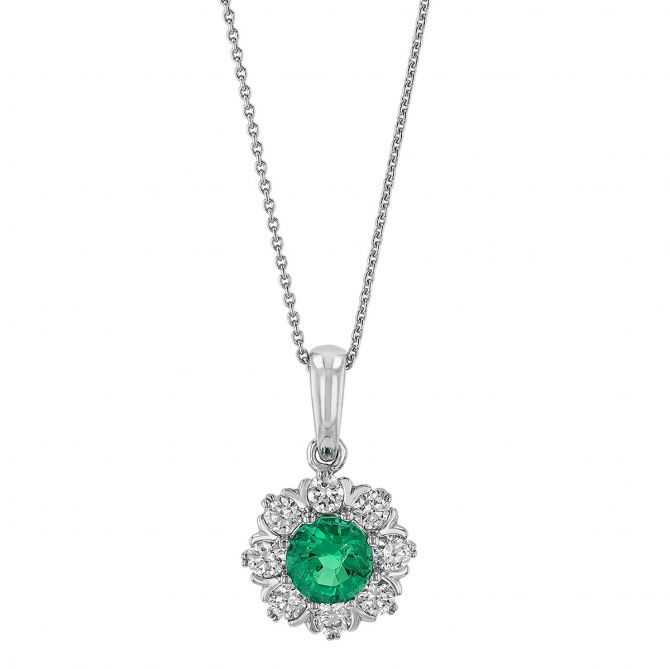 Round Emerald & Diamond Floral Halo Pendant in White Gold