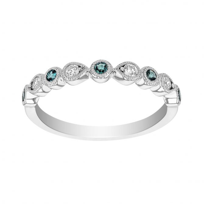 Alexandrite & Diamond Alternating Bezel Set Milgrain Ring in White Gold