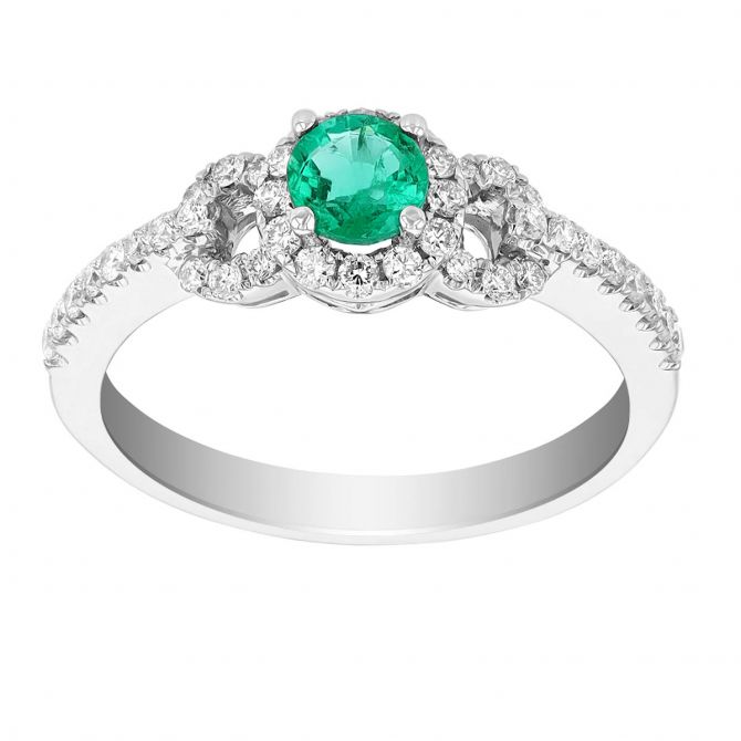 Round Emerald & Diamond Halo Side Circle Ring in White Gold