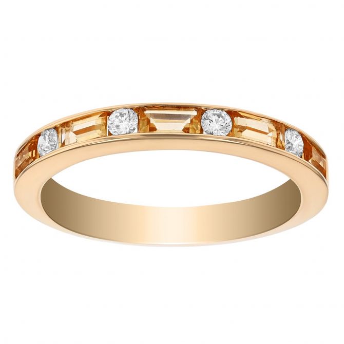 Baguette Citrine & Diamond Alternating Channel Set Ring in Yellow Gold