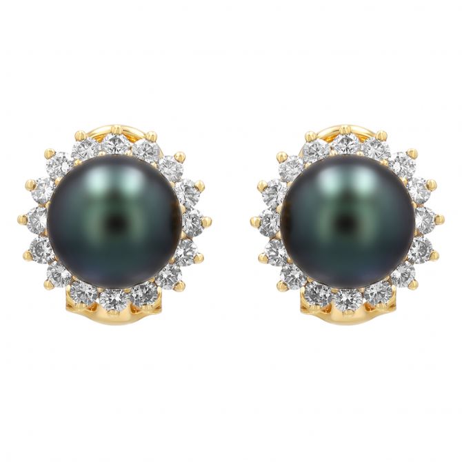 TARA Pearls Black Tahitian South Sea Cultured Pearl & Diamond Halo Stud Earrings in Yellow Gold