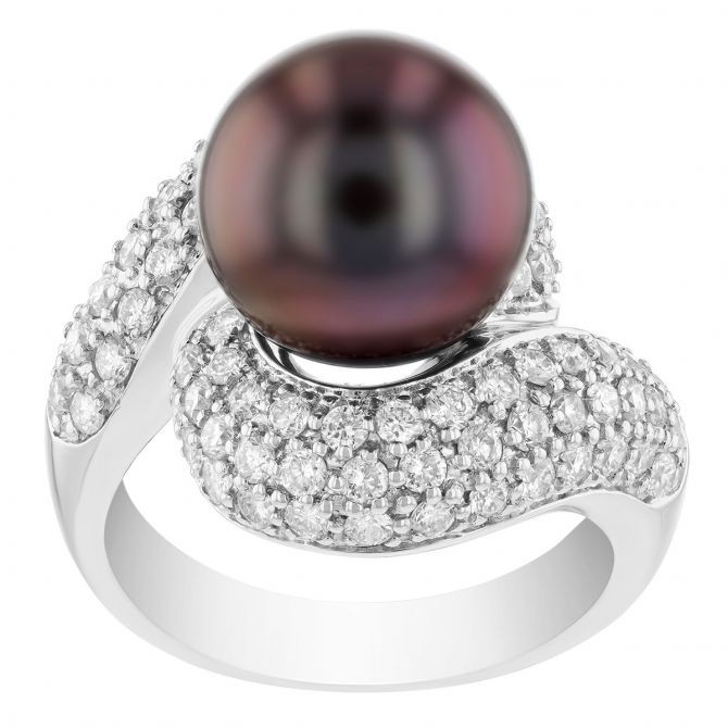 TARA Pearls Tahitian South Sea Cultured Pearl & Diamond Pave Swirl Ring in White Gold