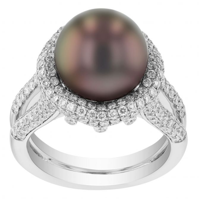 TARA Pearls Tahitian South Sea Cultured Pearl & Diamond Pave Ornate Halo Ring in White Gold