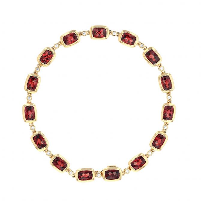 Cushion Garnet & Diamond Bezel Set Alternating Bracelet in Yellow Gold