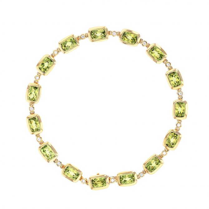 Cushion Peridot & Diamond Bezel Set Alternating Bracelet in Yellow Gold