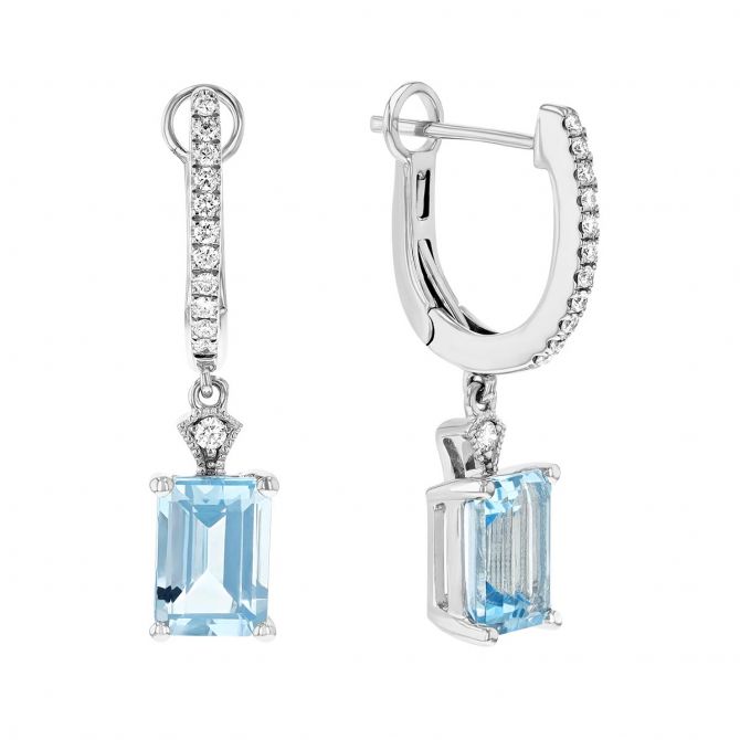 Emerald Cut Aquamarine & Diamond Dangle Huggie Earrings in White Gold