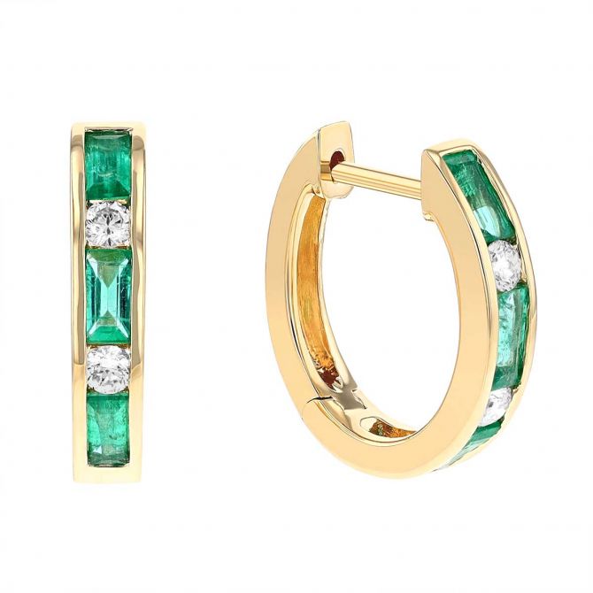 Baguette Emerald & Diamond Alternating Channel Set Hoop Earrings in Yellow Gold