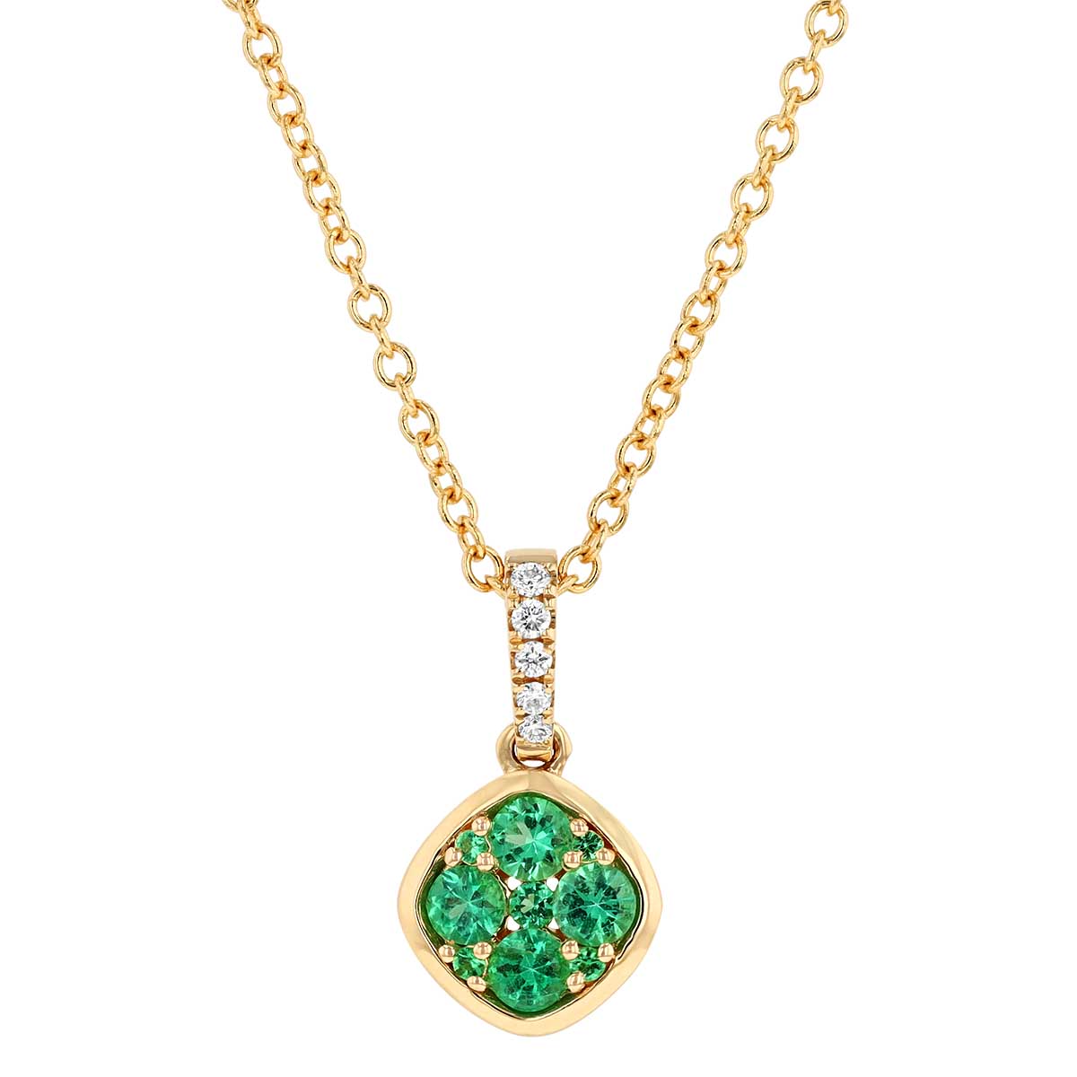 Round Emerald Pavé Cluster & Diamond Bail Pendant in Yellow Gold, 18 ...