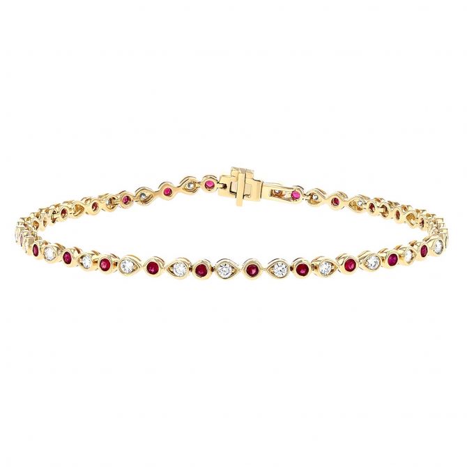 Round Ruby & Diamond Alternating Bezel Set Bracelet in Yellow Gold