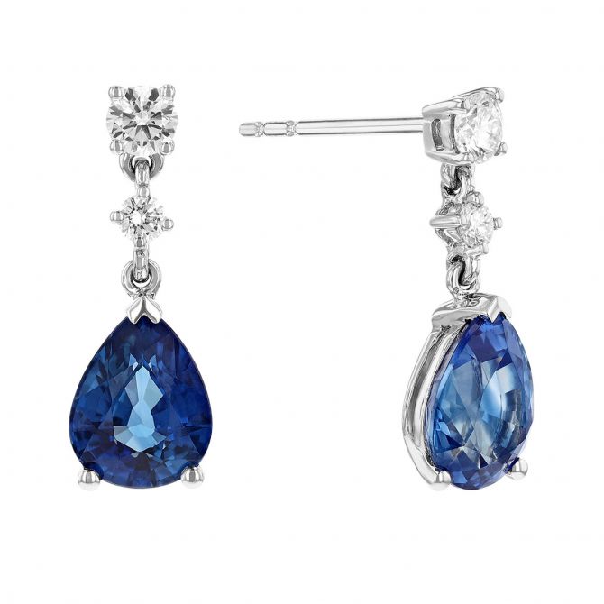 Pear Shaped Sapphire & Diamond Dangle Earrings in White Gold