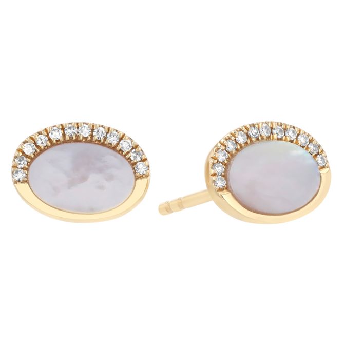 Doves Oval Mother of Pearl & Half Diamond Halo Stud Earrings in Yellow Gold