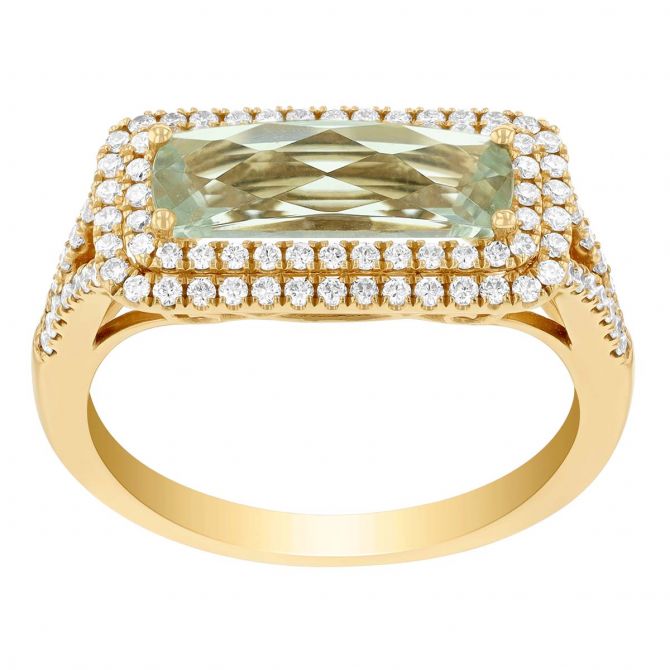 Doves Cushion Checkerboard Green Quartz & Double Diamond Halo Ring in Yellow Gold