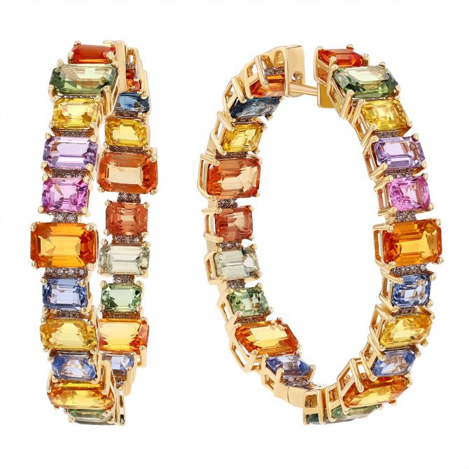 Multicolored Emerald Cut Sapphire & Diamond Inside Out Hoop Earrings in Yellow Gold