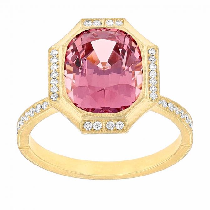 Erika Winters Claudio Cushion Spessartine Garnet & Diamond Halo Ring in Yellow Gold