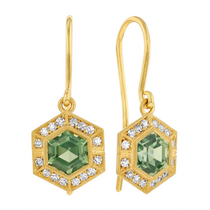 Erika Winters Agatha Hexagon Sapphire & Diamond Halo Drop Earrings in Yellow Gold