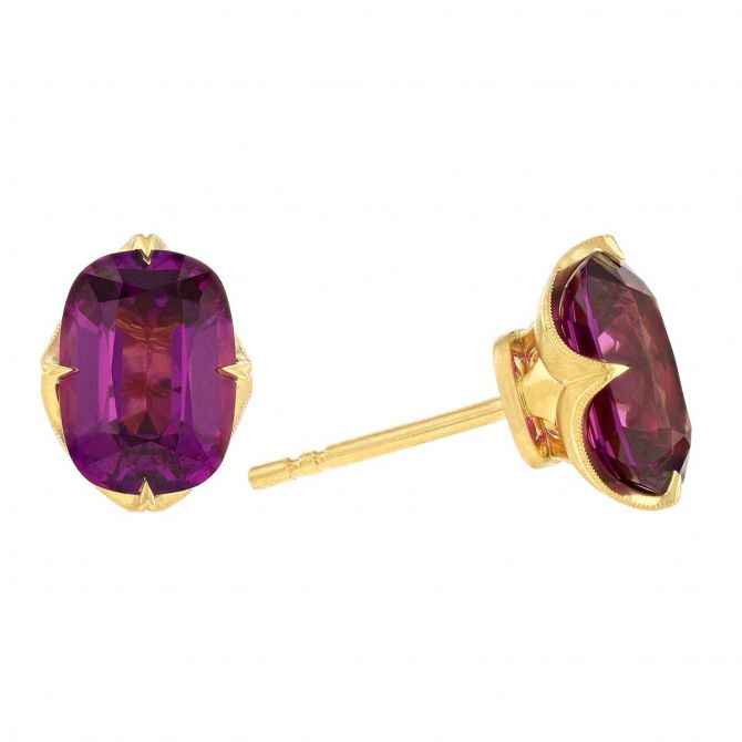 Erika Winters Ani Cushion Garnet Stud Earrings in Yellow Gold