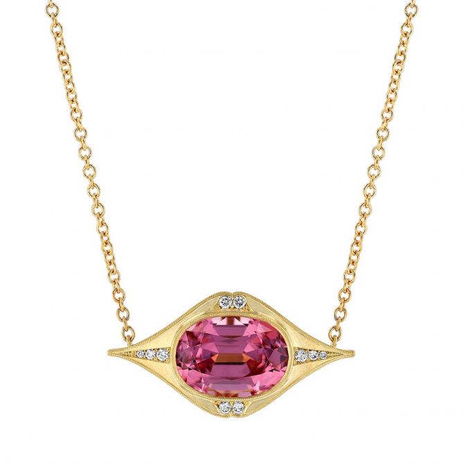 Erika Winters Estella Oval Spessartine Garnet & Diamond Star Pendant in Yellow Gold, 16"