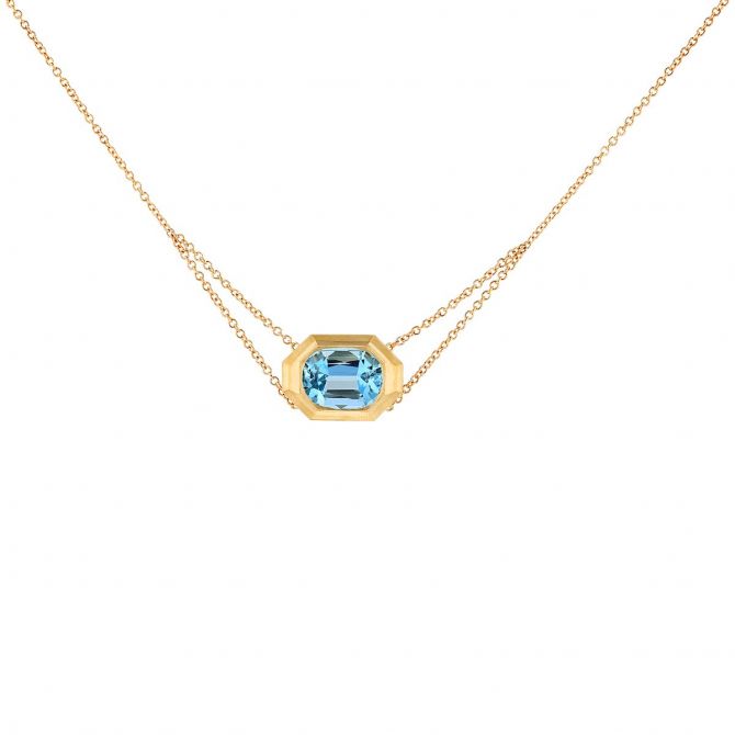 Erika Winters Hana Cushion Aquamarine Bezel Set Double Strand Necklace in Yellow Gold, 16"