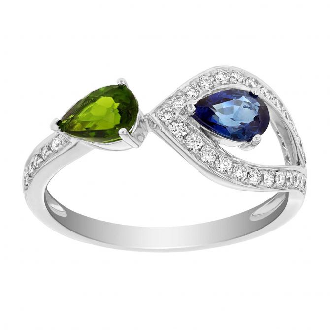 Pear Shaped Chrome Diopside & Sapphire Diamond Open Shank Ring in White Gold