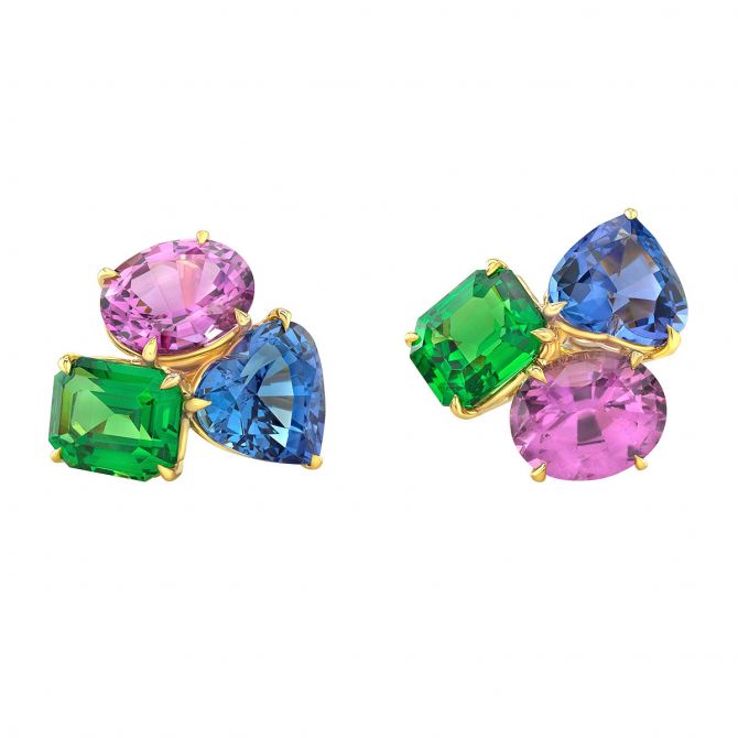 Rahaminov Sapphire, Tanzanite, & Tsavorite Cluster Earrings in Yellow Gold