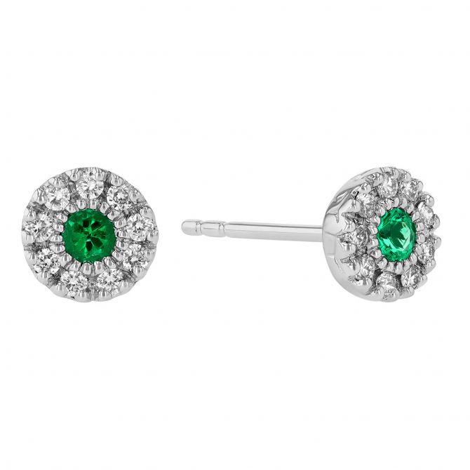 Round Emerald & Diamond Halo Cluster Stud Earrings in White Gold