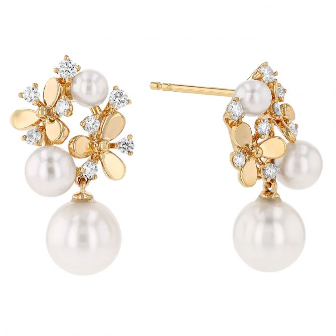 Akoya Cultured Pearl & Diamond Flower Cluster Dangle Earrings in Yellow Gold