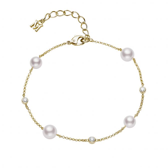 Mikimoto Akoya Cultured Pearl & Diamond Station Bracelet in Yellow Gold