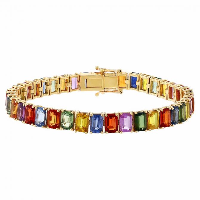 Multicolored Emerald Cut Sapphire Tennis Bracelet in Yellow Gold