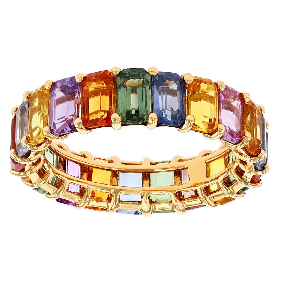 Multicolored Emerald Cut Sapphire Eternity Ring in Yellow Gold | Borsheims