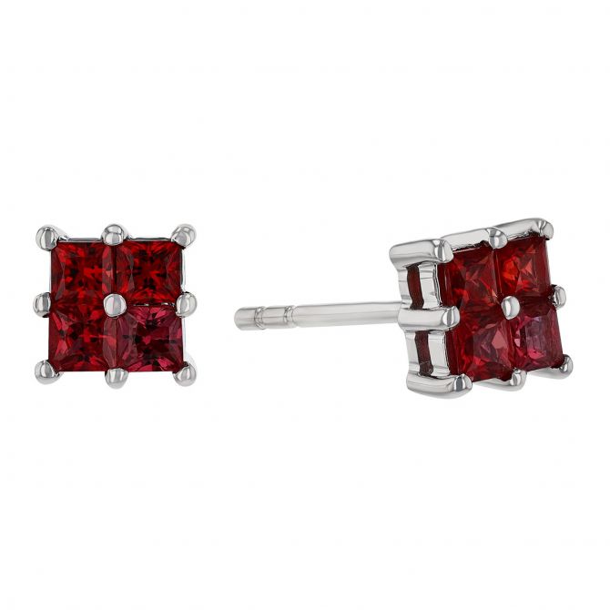 Princess Cut Ruby Quartet Stud Earrings in White Gold