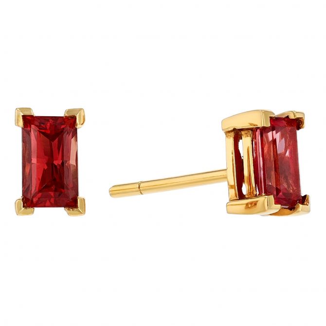 Straight Baguette Ruby Stud Earrings in Yellow Gold