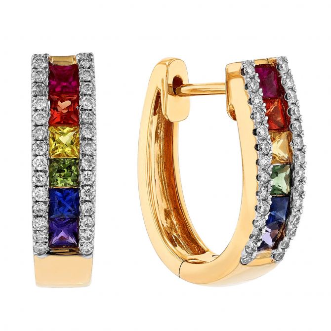 Multicolored Sapphire & Diamond Channel Set Hoop Earrings in Yellow Gold