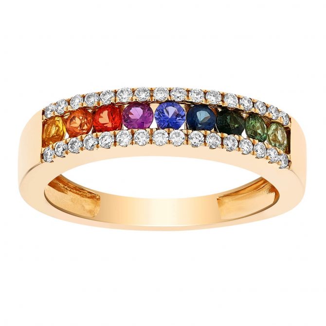 Multicolored Sapphire & Diamond Channel Set Ring in Yellow Gold