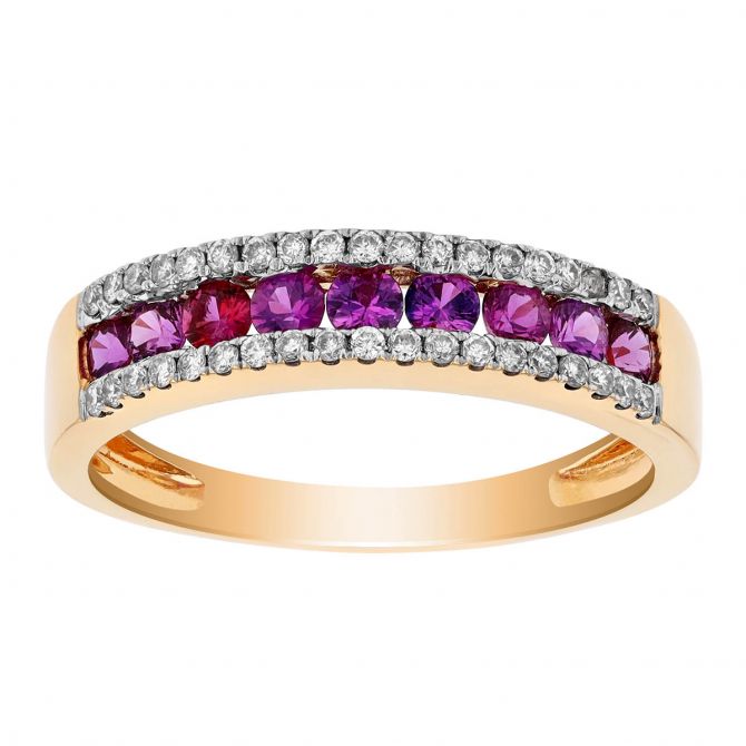 Pink Sapphire & Diamond Channel Set Ring in Yellow Gold