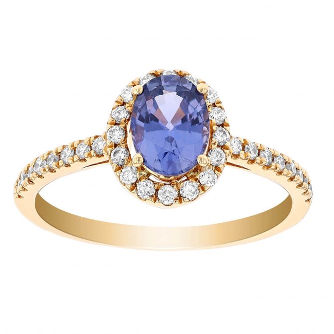 Oval Sapphire & Diamond Halo Ring in Yellow Gold