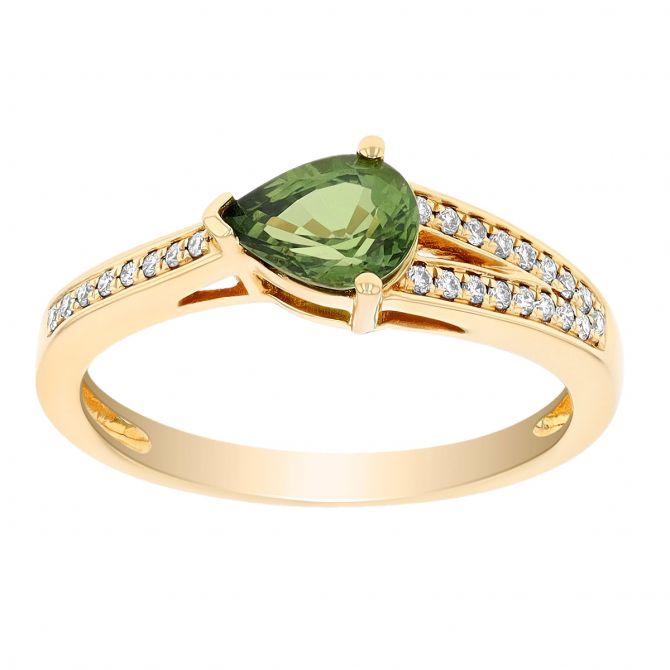 Pear Shaped Green Sapphire & Diamond Split Shank Ring in Yellow Gold