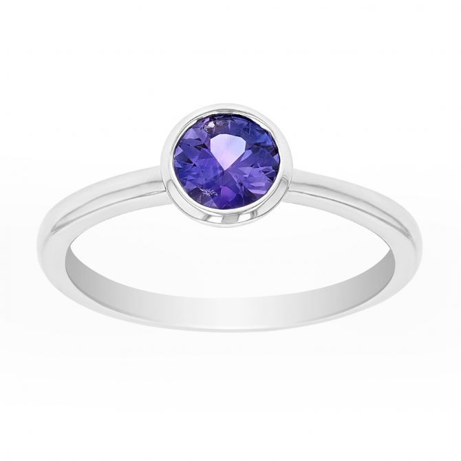 Round Sapphire Bezel Set Ring in White Gold