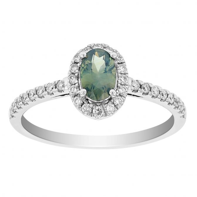 Oval Alexandrite & Diamond Halo Ring in White Gold