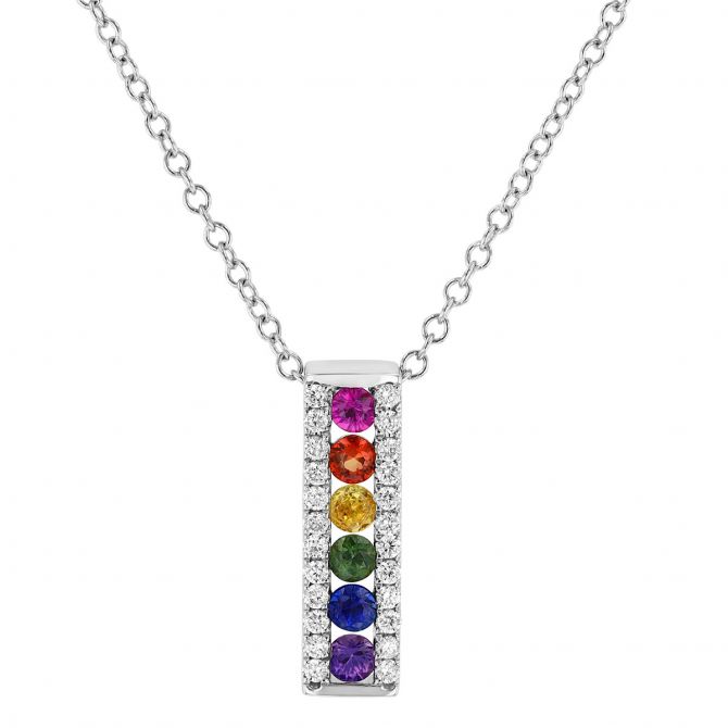 Multicolored Sapphire & Diamond Bar Pendant in White Gold