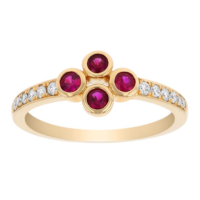 Round Ruby Bezel Set Cluster Ring with Diamond Shank in Yellow Gold