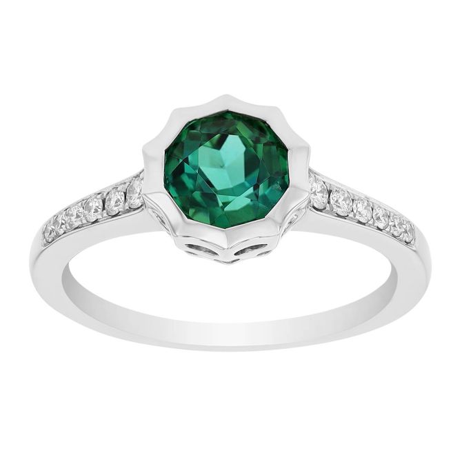 Round Tourmaline Scalloped Edge & Diamond Ring in White Gold