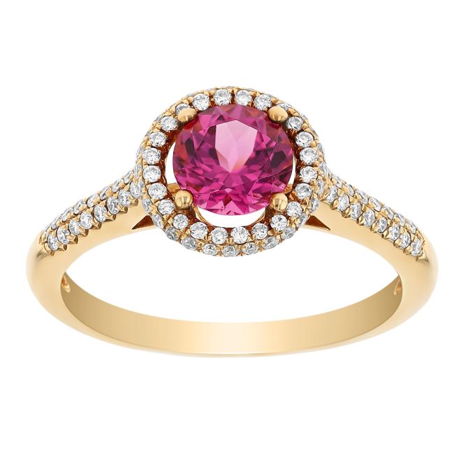 Round Spinel & Diamond Halo Ring in Yellow Gold