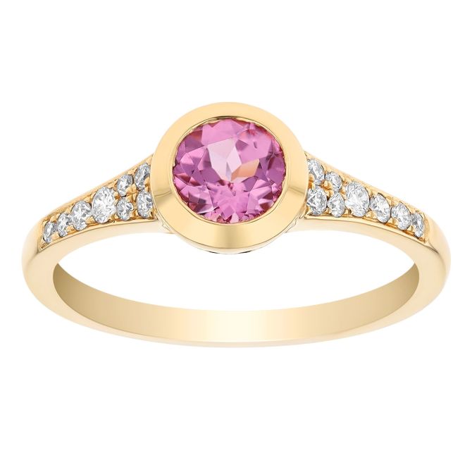 Round Pink Spinel Bezel Set Ring with Tapered Diamond Shank in Yellow Gold