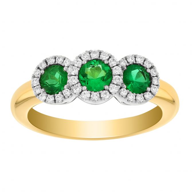 Round Emerald & Diamond Halo 3 Stone Ring in Yellow & White Gold