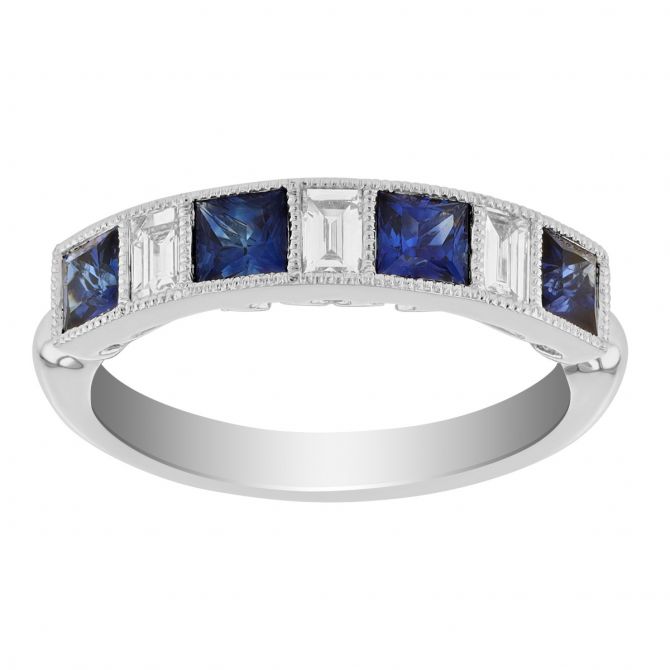 Princess Sapphire & Straight Baguette Diamond Alternating Milgrain Ring in White Gold