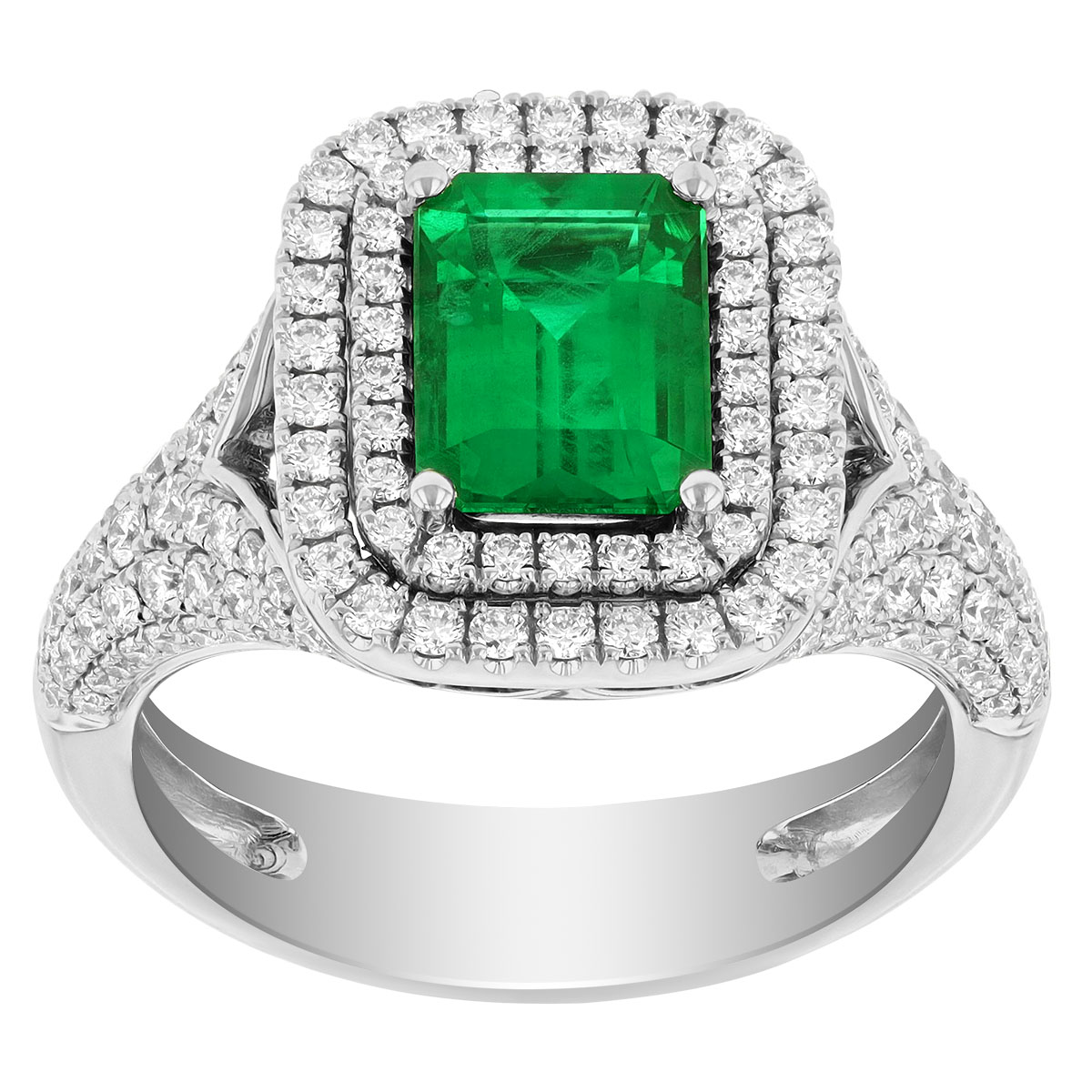 Emerald Cut Emerald & Double Diamond Halo Split Shank Ring in White ...