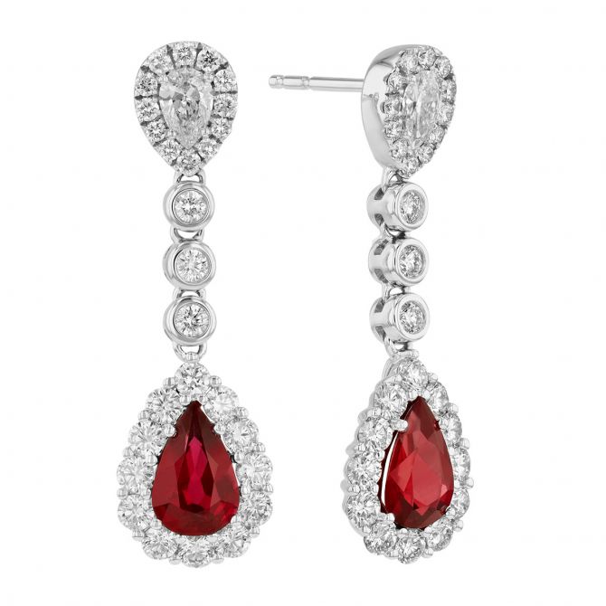 Pear Shaped Ruby & Diamond Halo Dangle Earrings in White Gold