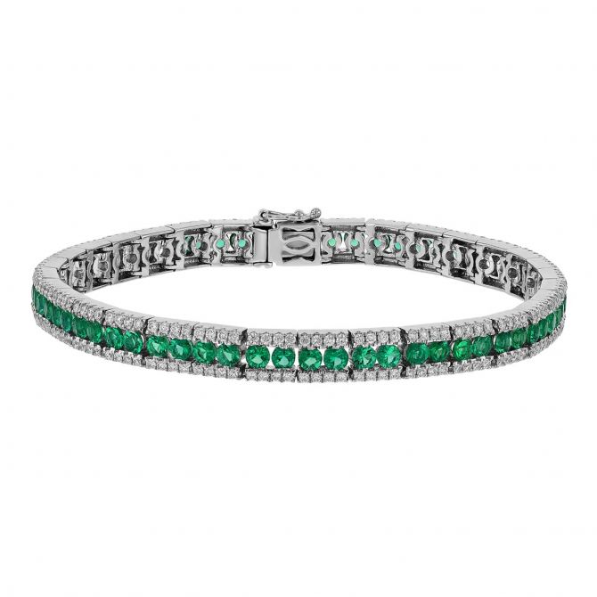 Round Emerald & Diamond Outline Tennis Bracelet in White Gold, 6.75"