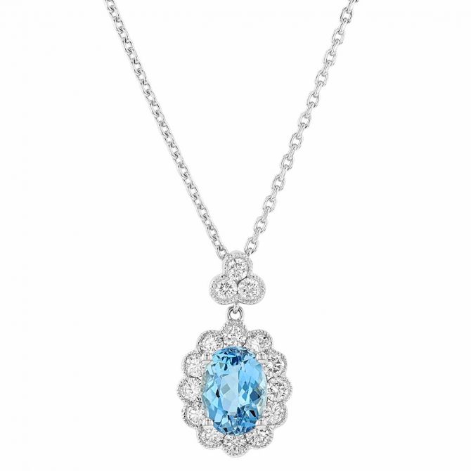 Oval Aquamarine & Diamond Scalloped Halo Pendant in White Gold, 17"